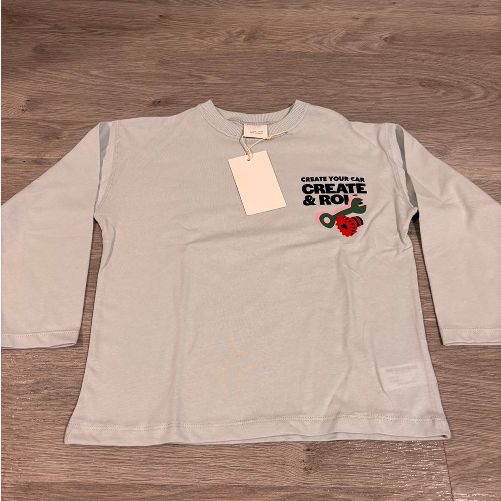 Zara long sleeve kids T-shirt, size 6 years old, with Car Lab theme, light blue